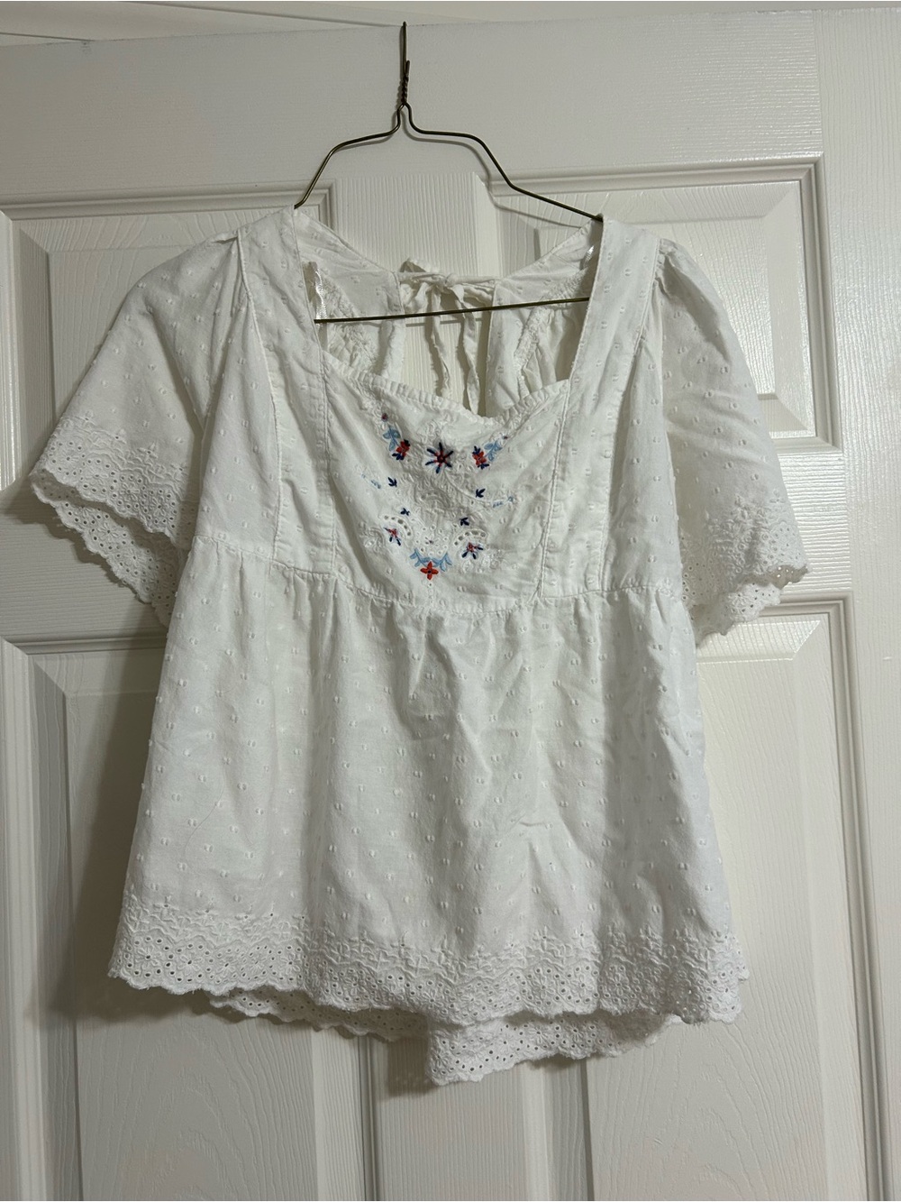 Old Navy White Eyelet Peasant Top with Multicolor Floral Embroidery